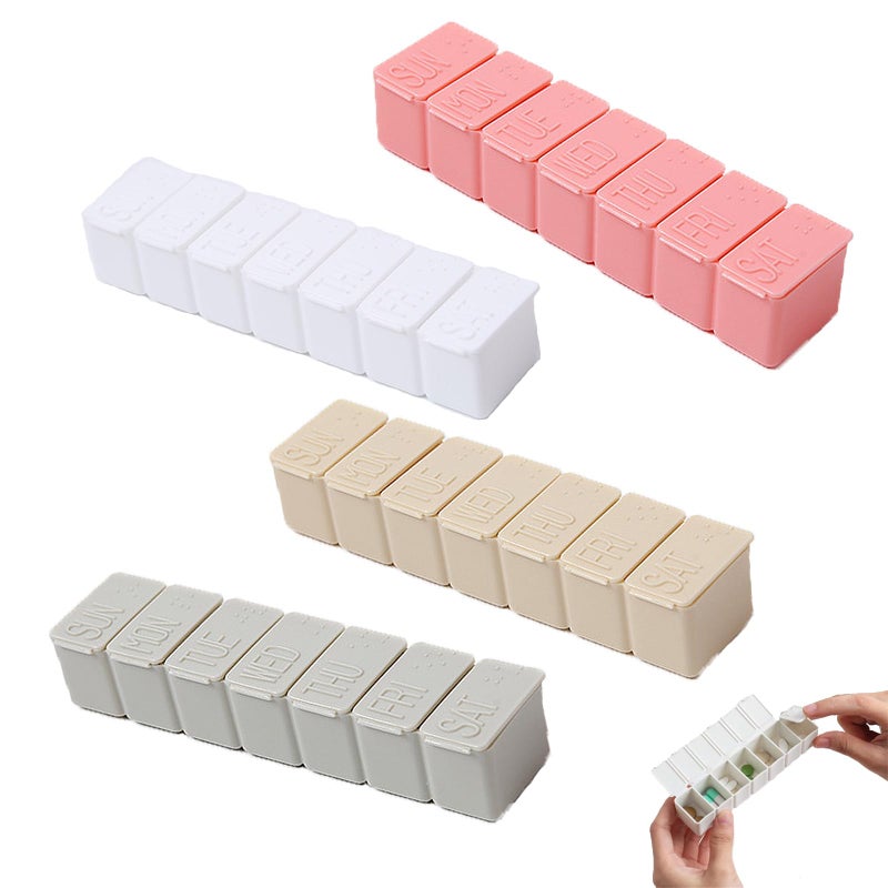 4PCS Weekly Pill Box 7 Day, Pill Box Small 7 Day, Pill Dispenser 7 Day, Vitamin Box, Portable Pill Case, for Tablet Organiser Vitamins Supplements Medicine (Pink+Grey+Beige+Apricot)